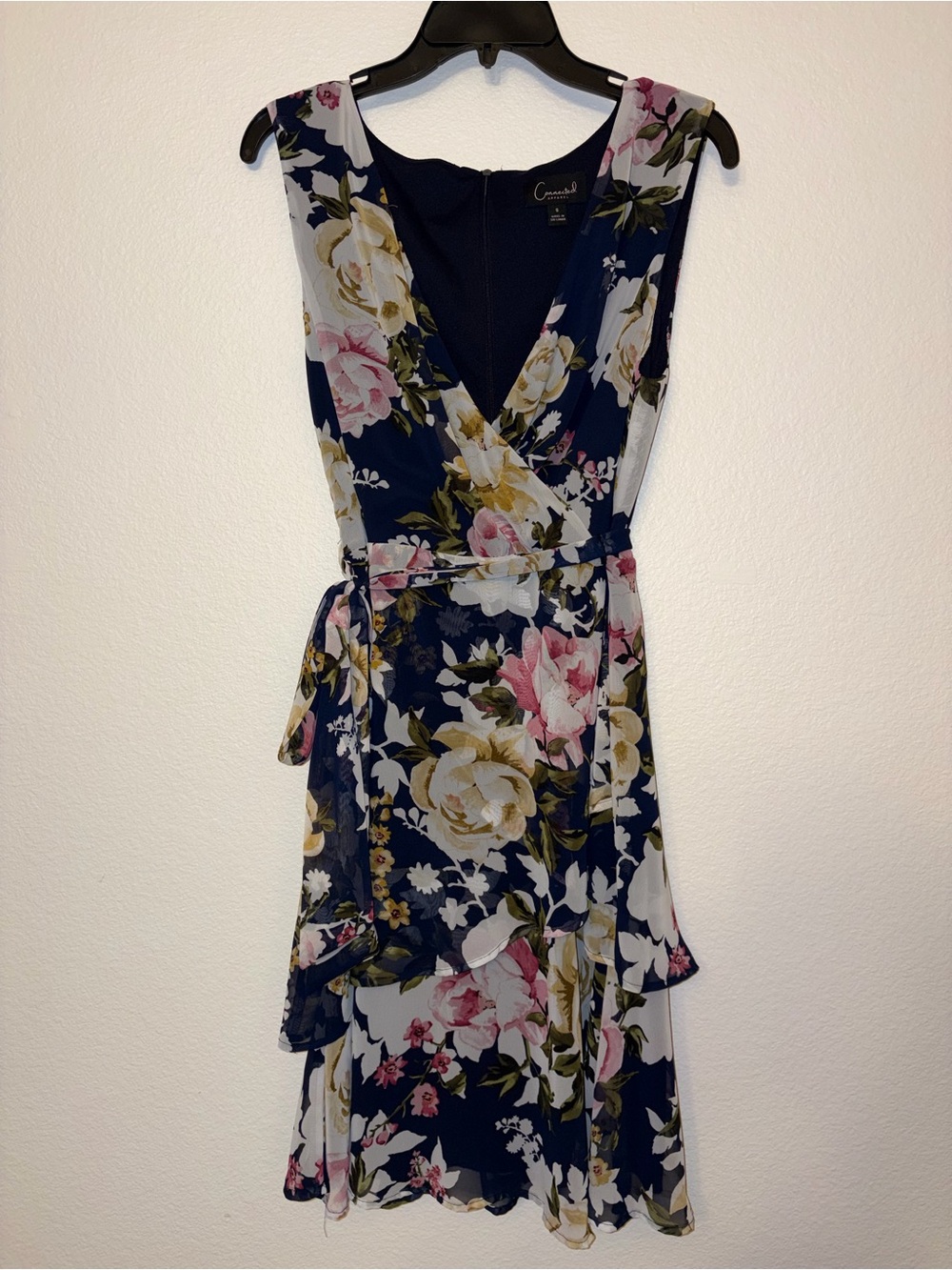 connected apparel Navy Floral Wrap Midi Dress with Pink & Cream Flowers